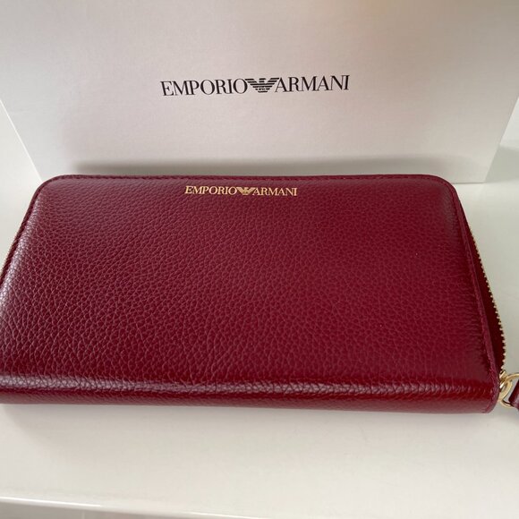 Emporio Armani Dark Red/Black Leather Unisex Ziparound Wallet, Y3H171 8AHOC - Picture 2 of 12